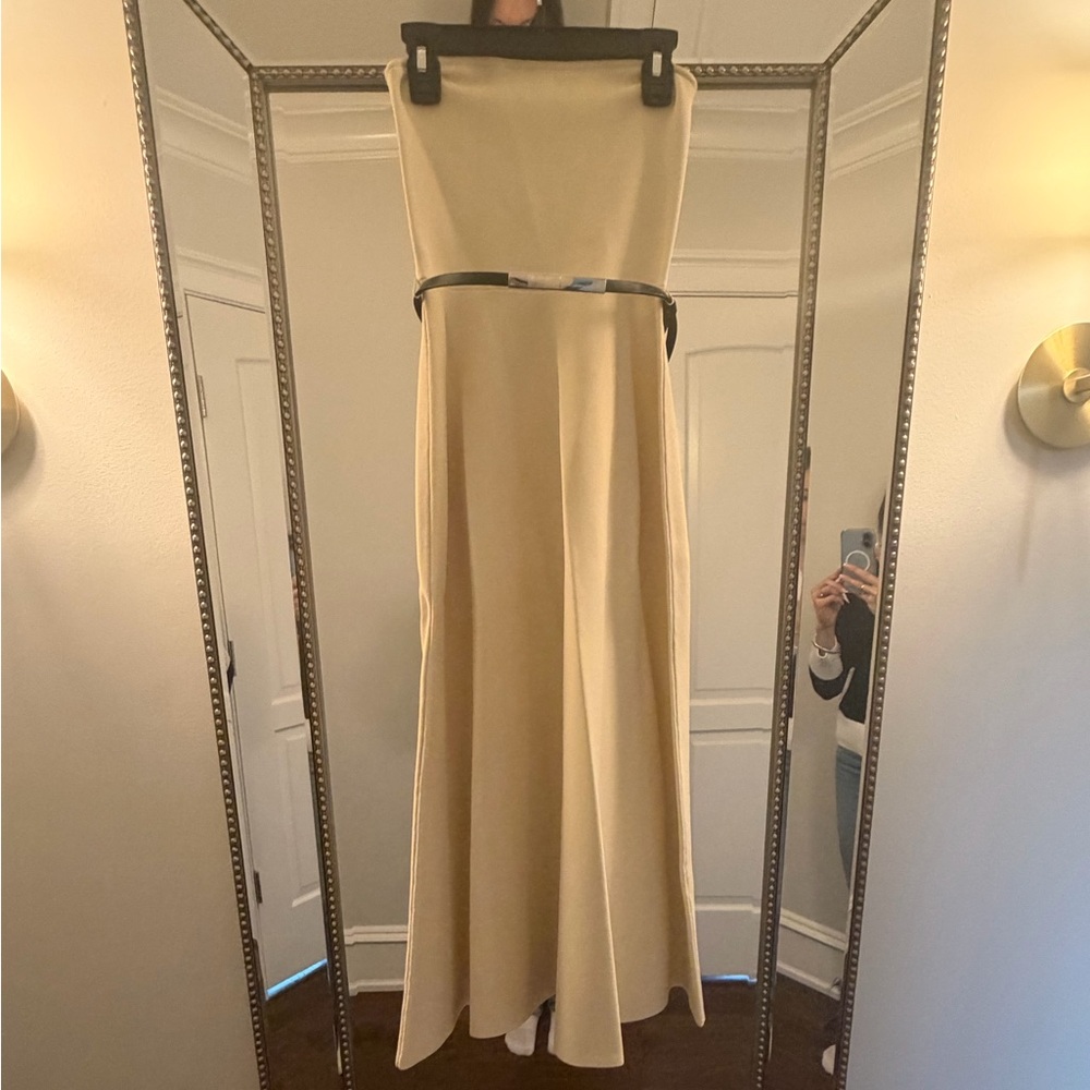 Premium Viscose Blend Body Contouring Belted Full Skirt Bandeau Knit Dress View 2